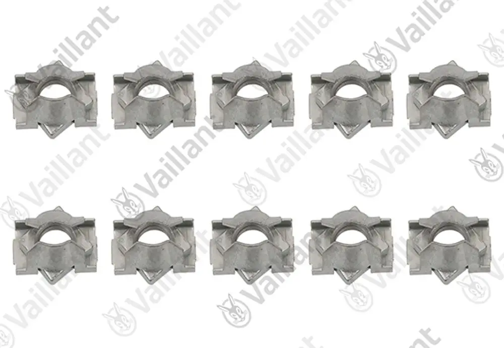 Zehn metallische Unterlegscheiben, die auf einer weißen Unterlage angeordnet sind. Sie tragen das Logo der Marke Vaillant.